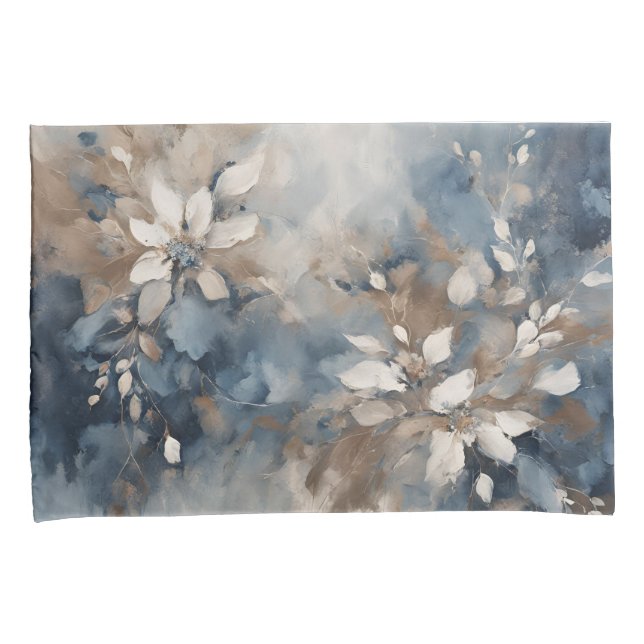 Navy Blue Light Blue Brown Modern Floral Pillow Case (Front-Right)