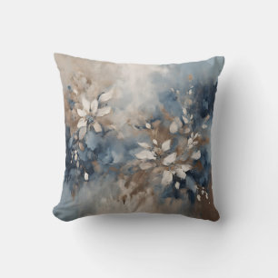 Navy Blue Light Blue Brown Modern Floral Throw Pillow
