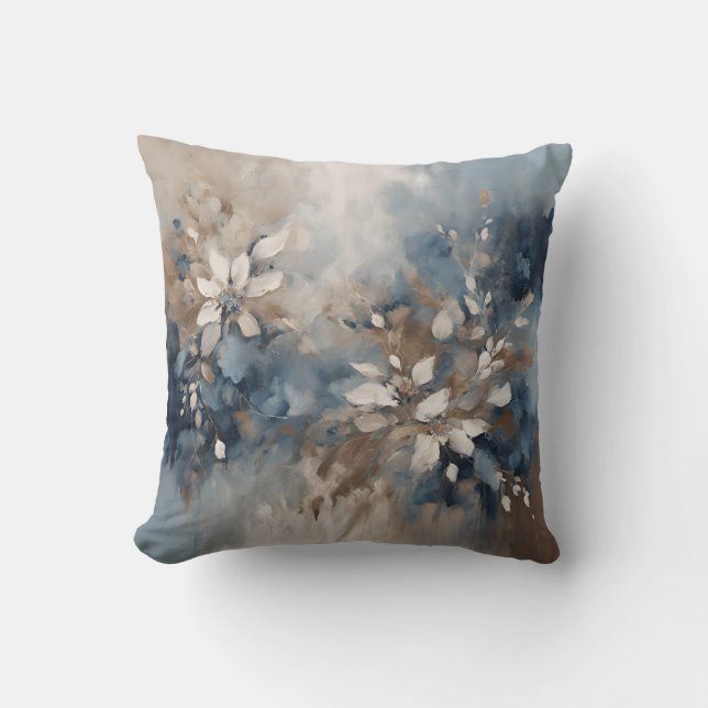 Navy Blue Light Blue Brown Modern Floral Throw Pillow (Front)