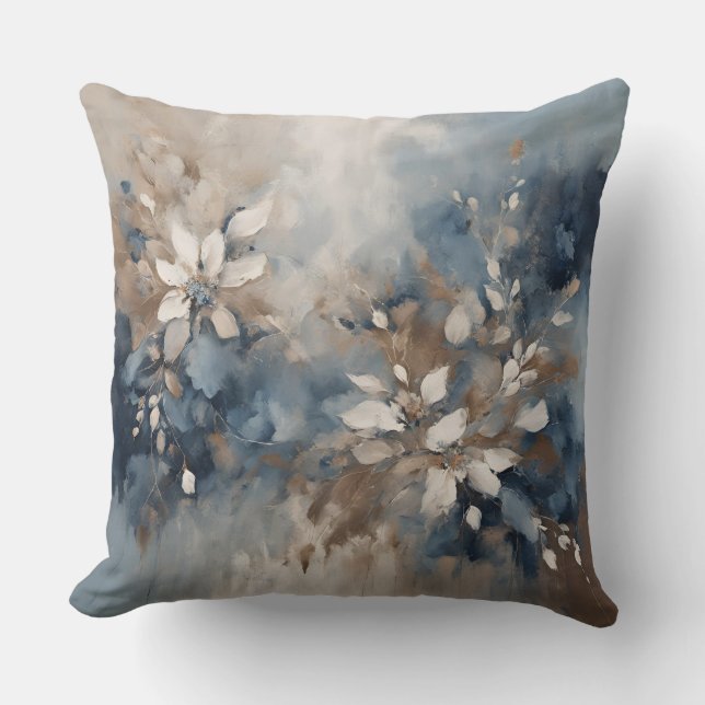 Navy Blue Light Blue Brown Modern Floral Throw Pillow (Front)