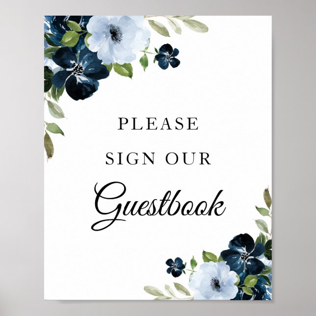 Navy blue light blue floral guestbook wedding sign (Front)