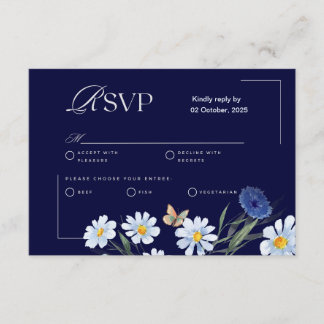Navy Blue & Light Blue Floral Wedding RSVP Card