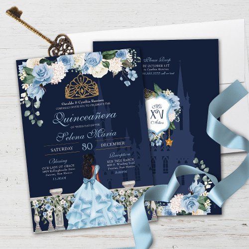 Navy Blue Light Blue Roses Princess Quinceaera Invitation