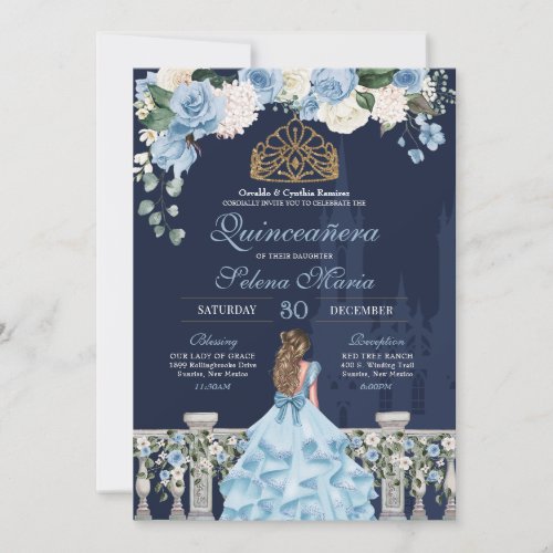 Navy Blue Light Blue Roses Princess Quinceaera Invitation