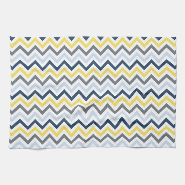 Navy Blue, Light Blue, Yellow, and Gray Chevron Kitchen Towel (Horizontal)