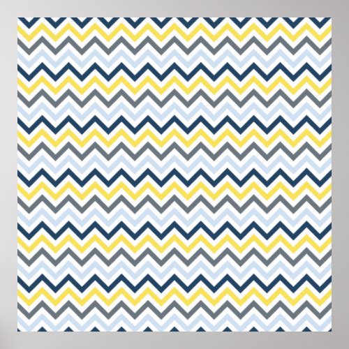 Navy Blue Light Blue Yellow and Gray Chevron Poster