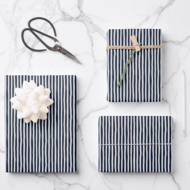 Navy Blue & Light Gray Wonky Stripes Wrapping Paper Sheets (Front)