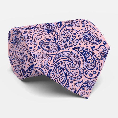 Navy Blue  Light Pink Floral Paisley Pattern Neck Tie