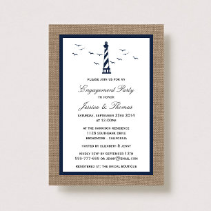 Navy Blue Lighthouse On Burlap Nautical Engagement Invitation