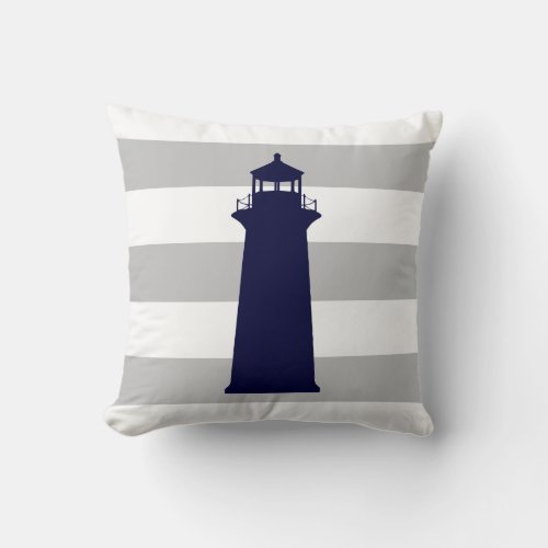 Navy Blue Lighthouse On Gray And White Stripes Throw Pillow