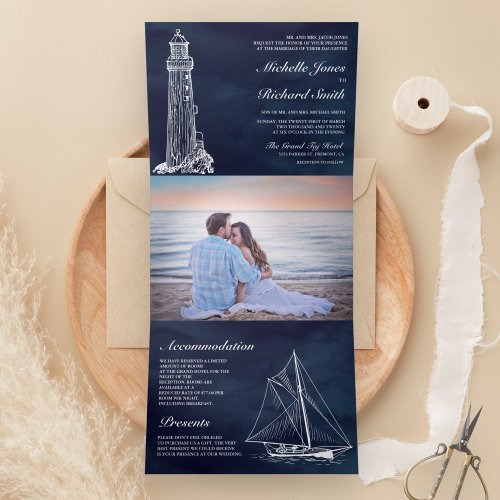 Navy Blue Lighthouse Sailboat Nautical Wedding Tri_Fold Invitation