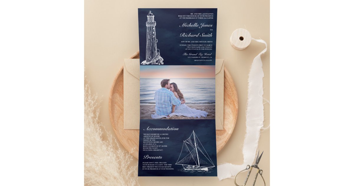 Navy Blue Lighthouse Sailboat Nautical Wedding Tri-Fold Invitation | Zazzle