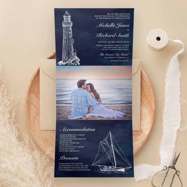 Navy Blue Lighthouse Sailboat Nautical Wedding Tri-Fold Invitation (Creator Uploaded)