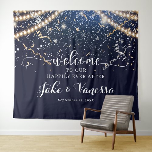 Navy Blue Lights  Confetti Wedding Party Welcome Tapestry