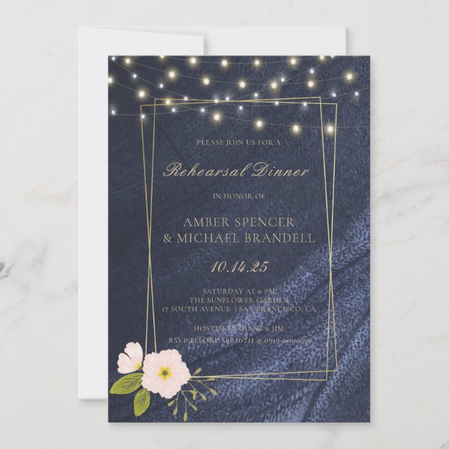 Navy Blue Lights Pink Floral Rehearsal Dinner Invitation (Front)