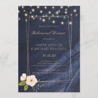 Navy Blue Lights Pink Floral Rehearsal Dinner Invitation