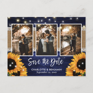 Navy Blue Lights Sunflower 3 Photo Save The Date Announcement Postcard