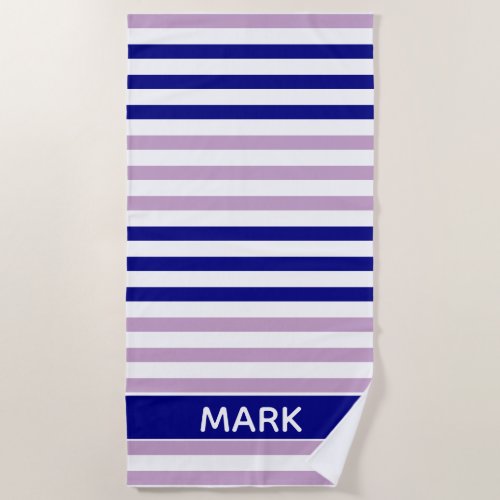 Navy Blue Lilac And White Striped Personalized Beach Towel
