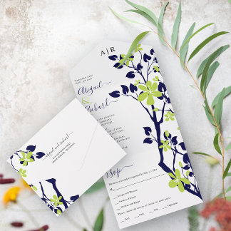 Navy blue, lime green branch with flowers wedding all in one invitation