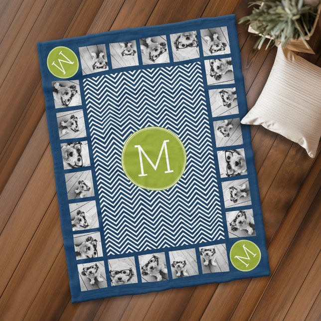 Navy Blue Lime Green Chevrons Custom Monogram Fleece Blanket (Personalized fleece blanket with photos and a monogram)