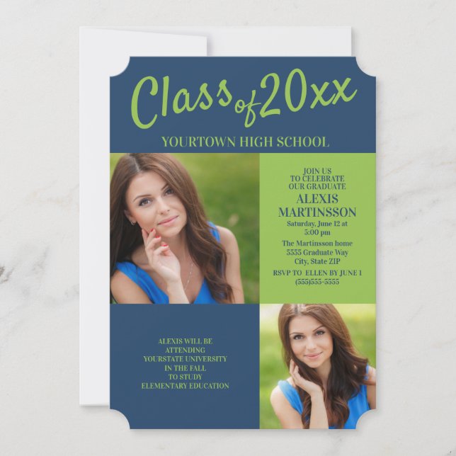 Navy Blue Lime Green Grad Party Invite (Front)
