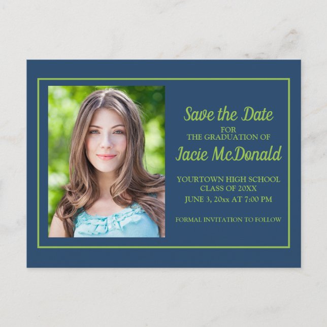 Navy Blue Lime Green Graduation Save the Date Announcement Postcard (Front)
