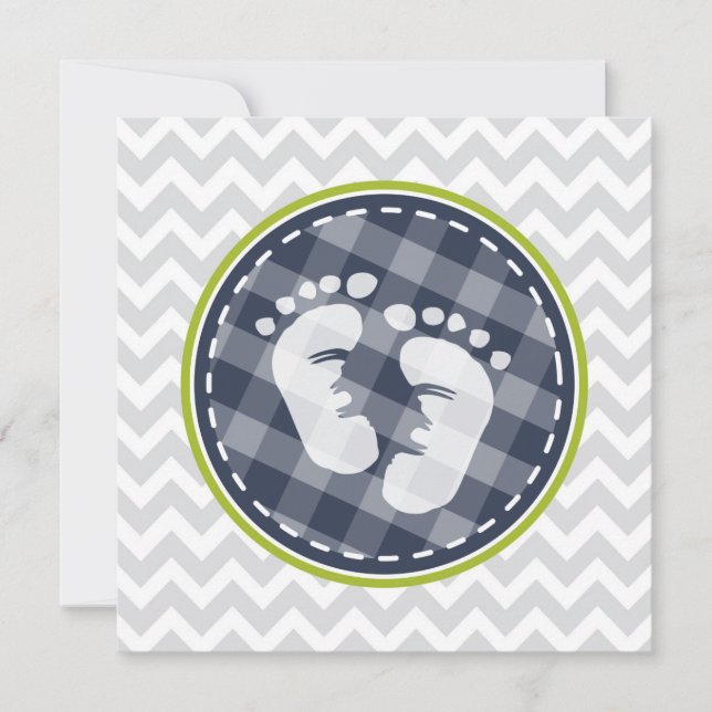 Navy Blue, Lime Green Gray Chevron Baby Shower Invitation (Front)