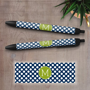 Navy Blue & Lime Green Polka Dots Custom Monogram Black Ink Pen by iphone_ipad_cases at Zazzle