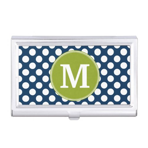 Navy Blue  Lime Green Polka Dots Custom Monogram Business Card Holder