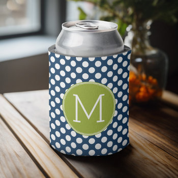 Navy Blue & Lime Green Polka Dots Custom Monogram Can Cooler by iphone_ipad_cases at Zazzle