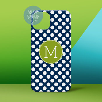 Navy Blue & Lime Green Polka Dots Custom Monogram Case-mate Iphone 14 Case by iphone_ipad_cases at Zazzle