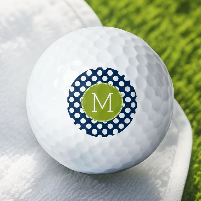 Navy Blue & Lime Green Polka Dots Custom Monogram Golf Balls (Custom Golf Balls)