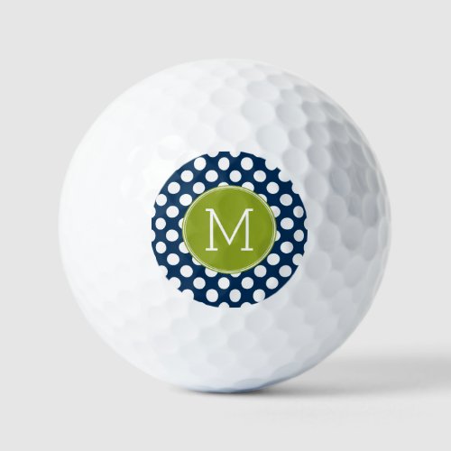 Navy Blue  Lime Green Polka Dots Custom Monogram Golf Balls