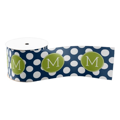 Navy Blue  Lime Green Polka Dots Custom Monogram Grosgrain Ribbon