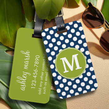 Navy Blue & Lime Green Polka Dots Custom Monogram Luggage Tag by iphone_ipad_cases at Zazzle
