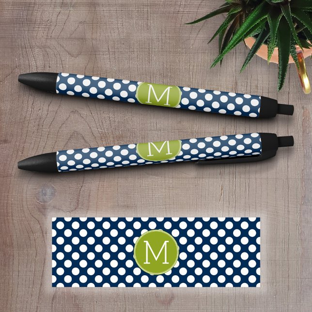 Navy Blue & Lime Green Polka Dots Custom Monogram Pen (Personalized writing pen - Add a Photo and Text)