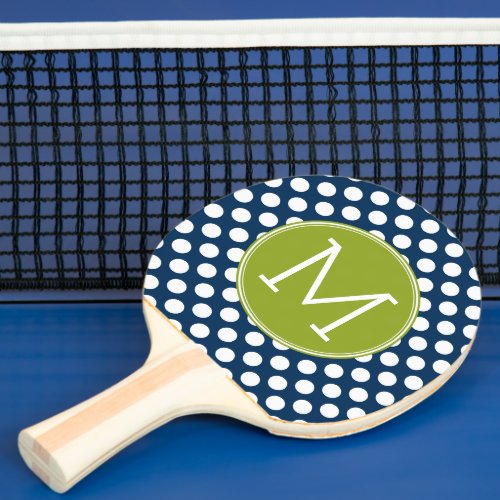 Navy Blue  Lime Green Polka Dots Custom Monogram Ping Pong Paddle