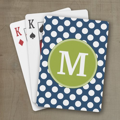 Navy Blue  Lime Green Polka Dots Custom Monogram Poker Cards