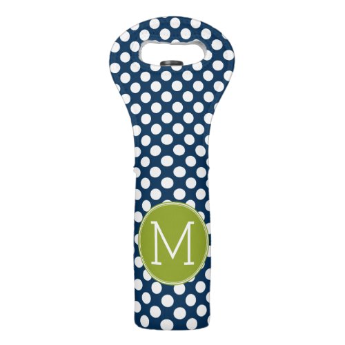 Navy Blue  Lime Green Polka Dots Custom Monogram Wine Bag