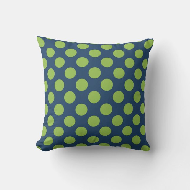 Navy Blue Lime Green Polka Dots Throw Pillow (Front)