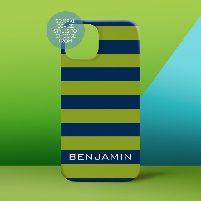 Navy Blue Lime Green Rugby Stripes Custom Name Case-Mate iPhone Case (Personalized Phone Case)
