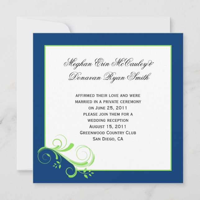 Navy Blue Lime Green Swirls Post Wedding Invitation (Front)