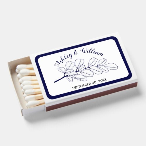 Navy blue line art branch and leaves wedding  matchboxes