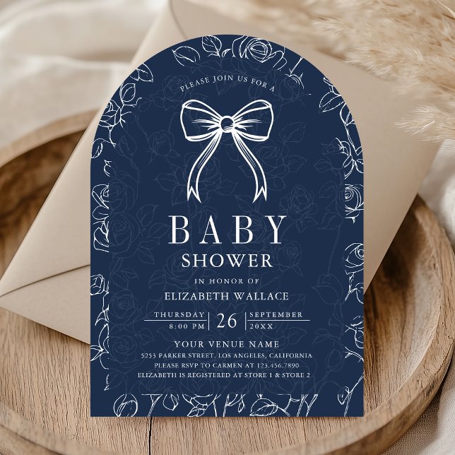Navy Blue Line Art Coquette Bow Baby Shower Invitation (Creator Uploaded)
