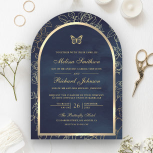 Navy Blue Line Art Gold Arch Butterfly Wedding Invitation