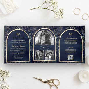 Navy Blue Line Art Gold Arch Butterfly Wedding Tri-Fold Invitation