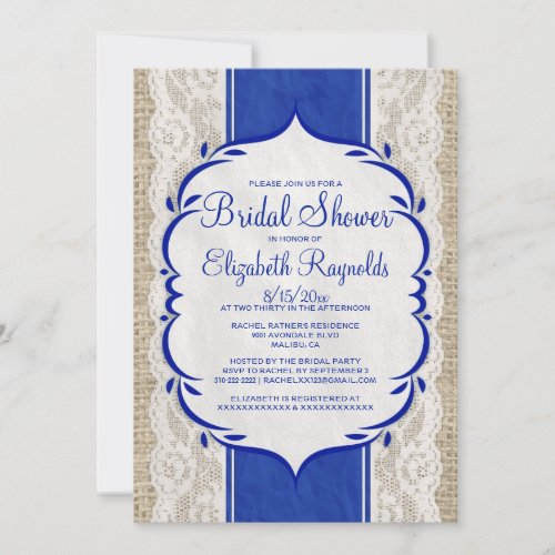 Navy Blue Linen Burlap Lace Bridal Shower Invites