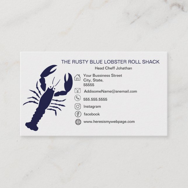 NAVY Blue Lobster Seafood Black Simple Nautical Business Card (Front)