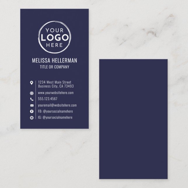 Navy Blue Logo Minimal Modern Vertical Business Card (Front/Back)
