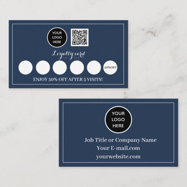 Navy Blue Logo Modern Business Reward Punch Loyalty Card (Front/Back)